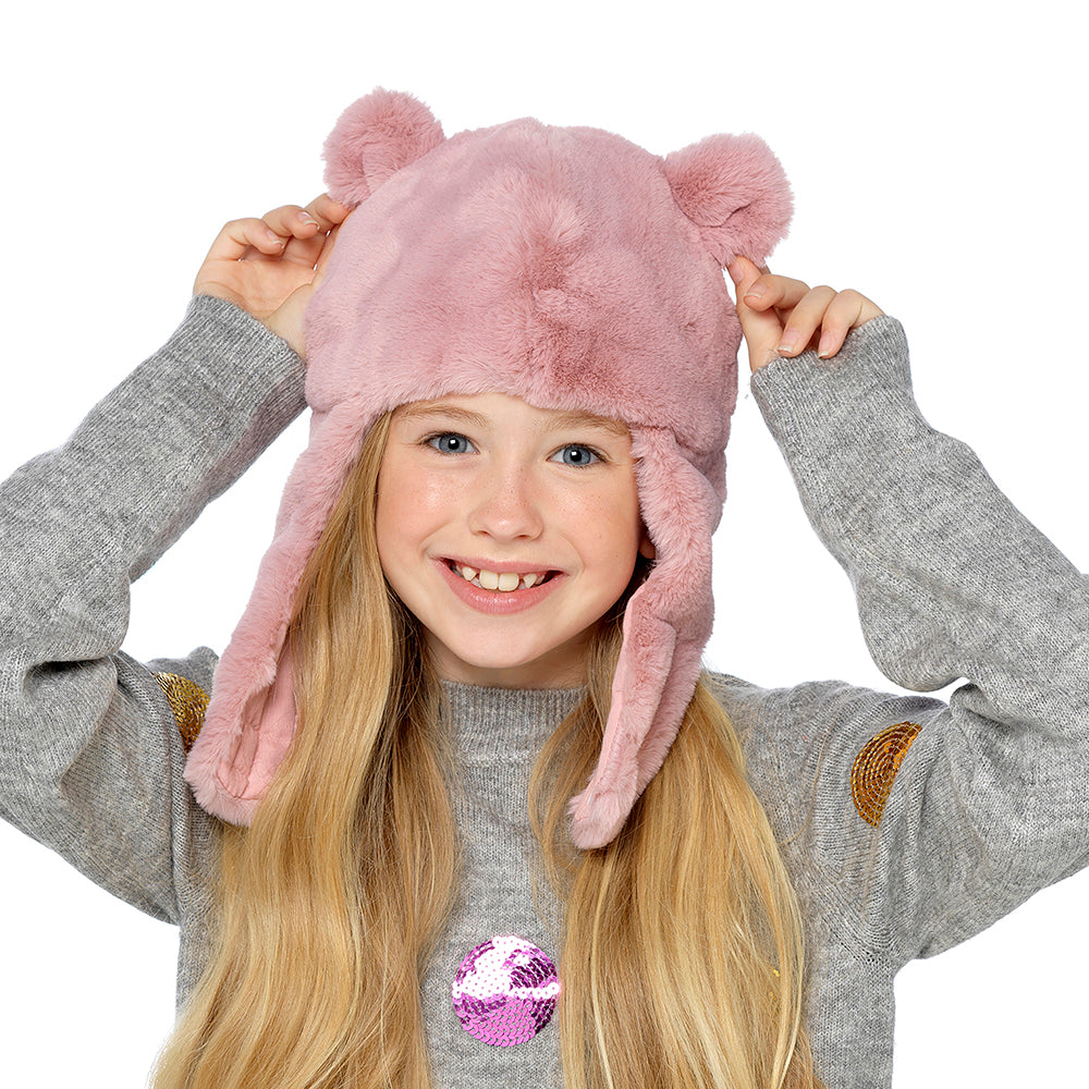 Girls Pink Faux Fur Hat with Ears and Chin Strap