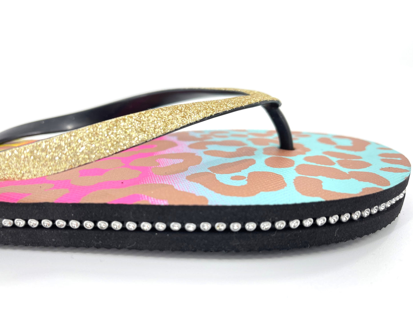Ladies Leopard Print Glittery Strap Summer Flip Flops Beach Sandals with Diamantes
