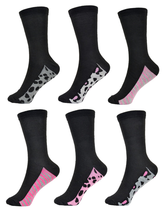 6 Pairs Ladies Black Ankle Socks with Animal Print Soles