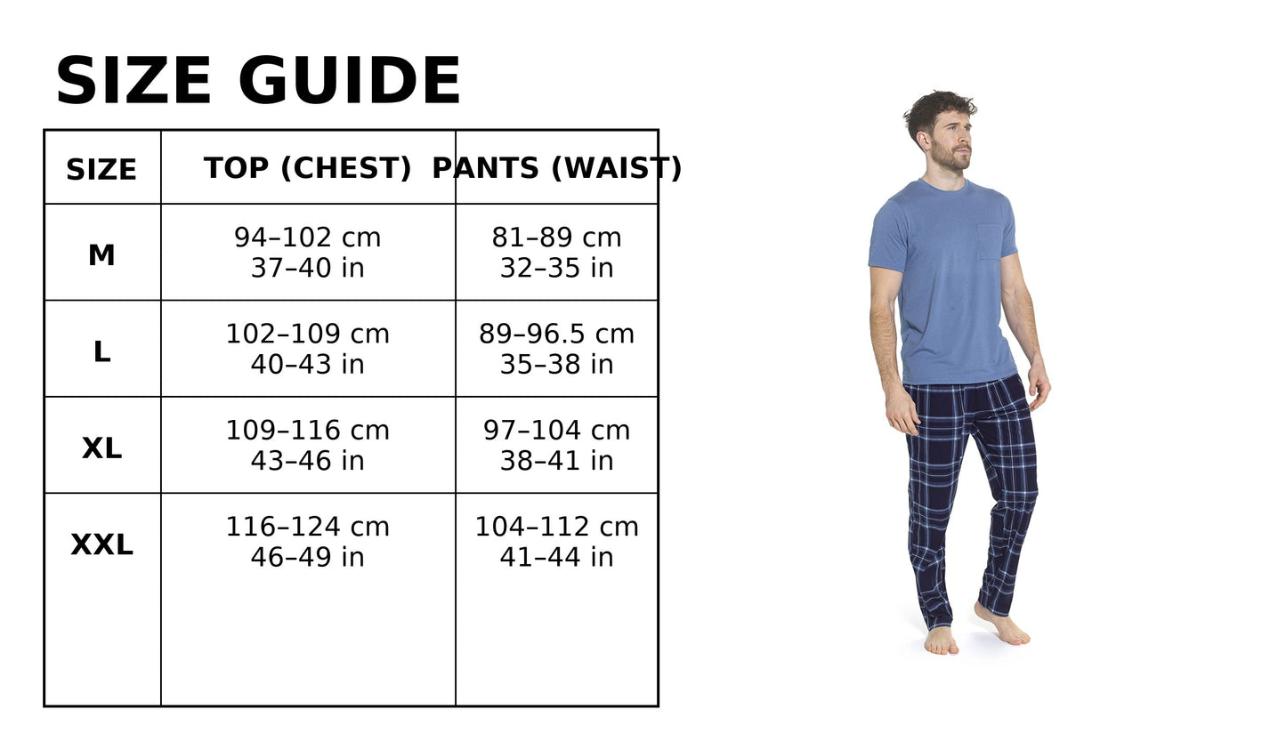 Mens Pyjama Set Jersey Top Fleece Check Pants Drawstring Waist M–XXL