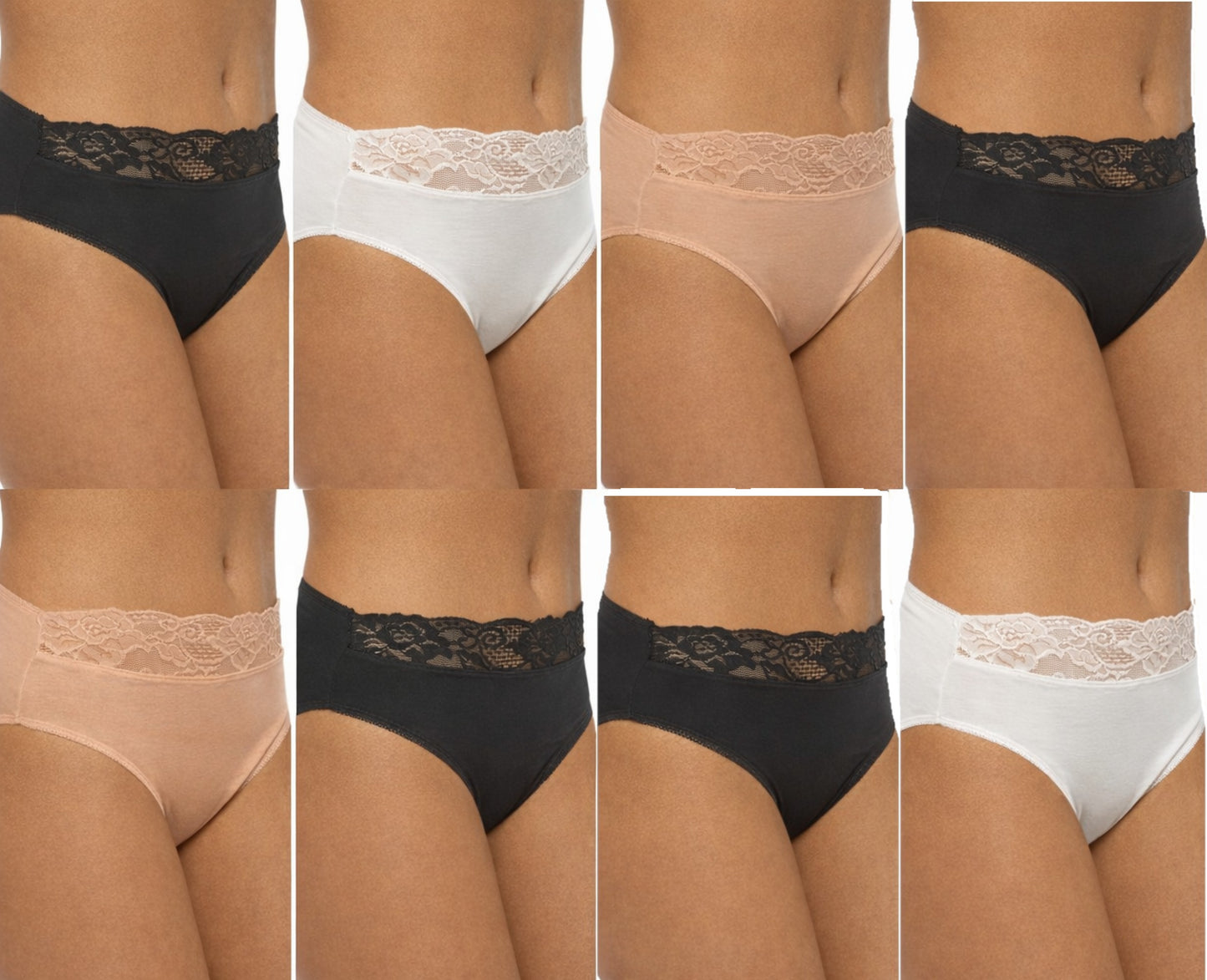 Ladies High Leg Briefs 8 Pack Soft Cotton Stretch Jersey Knickers with Lace Tops UK Sizes 10-16 Machine Washable