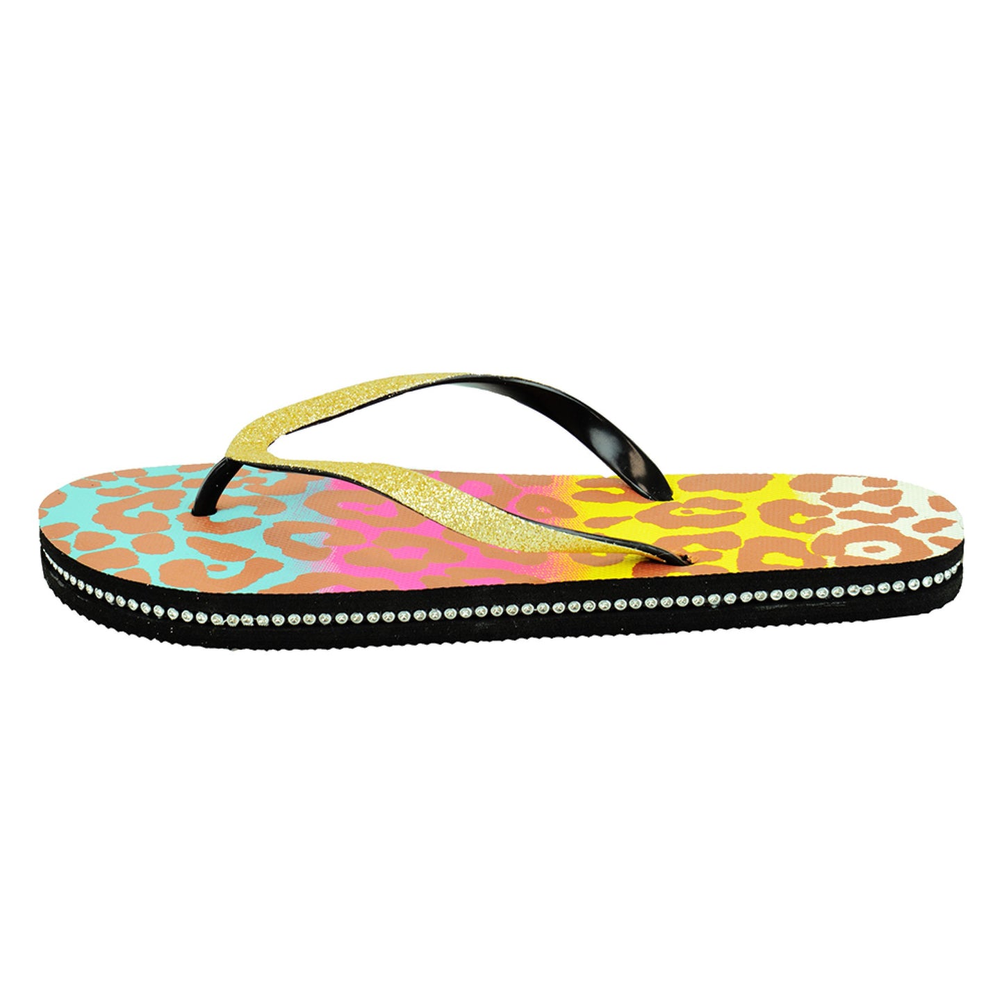 Ladies Leopard Print Glittery Strap Summer Flip Flops Beach Sandals with Diamantes