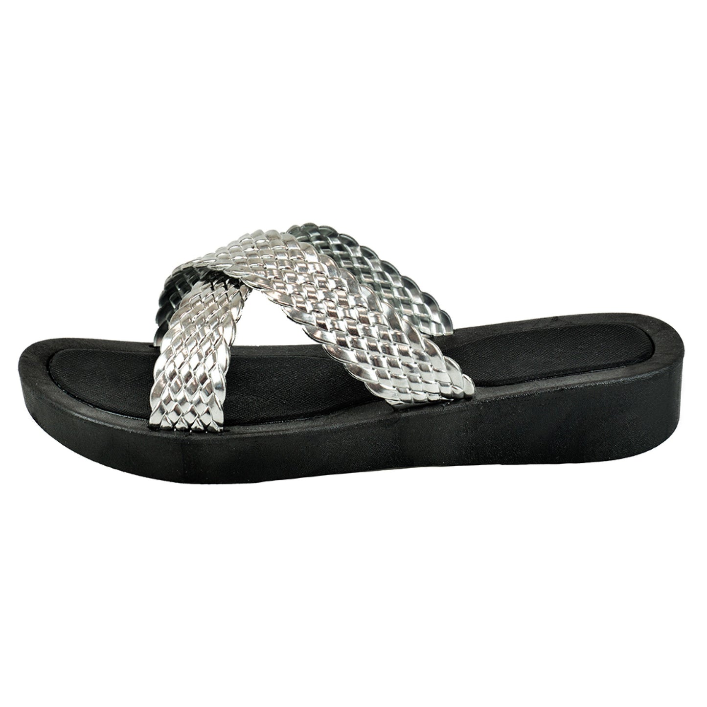 Ladies Silver Plaited Crossover Strap Summer Slider Beach Sandals