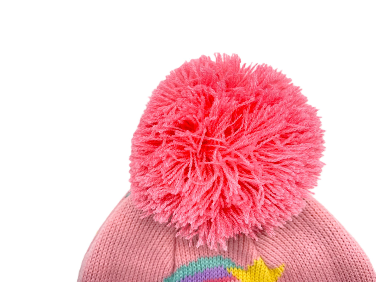 Girls' Knitted Bobble Hat Pink Winter Beanie with Rainbow Design Pink Pom-Pom