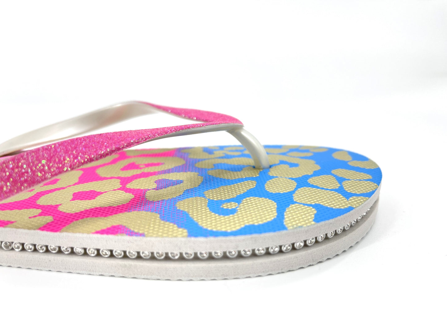 Ladies Leopard Print Glittery Strap Summer Flip Flops Beach Sandals with Diamantes