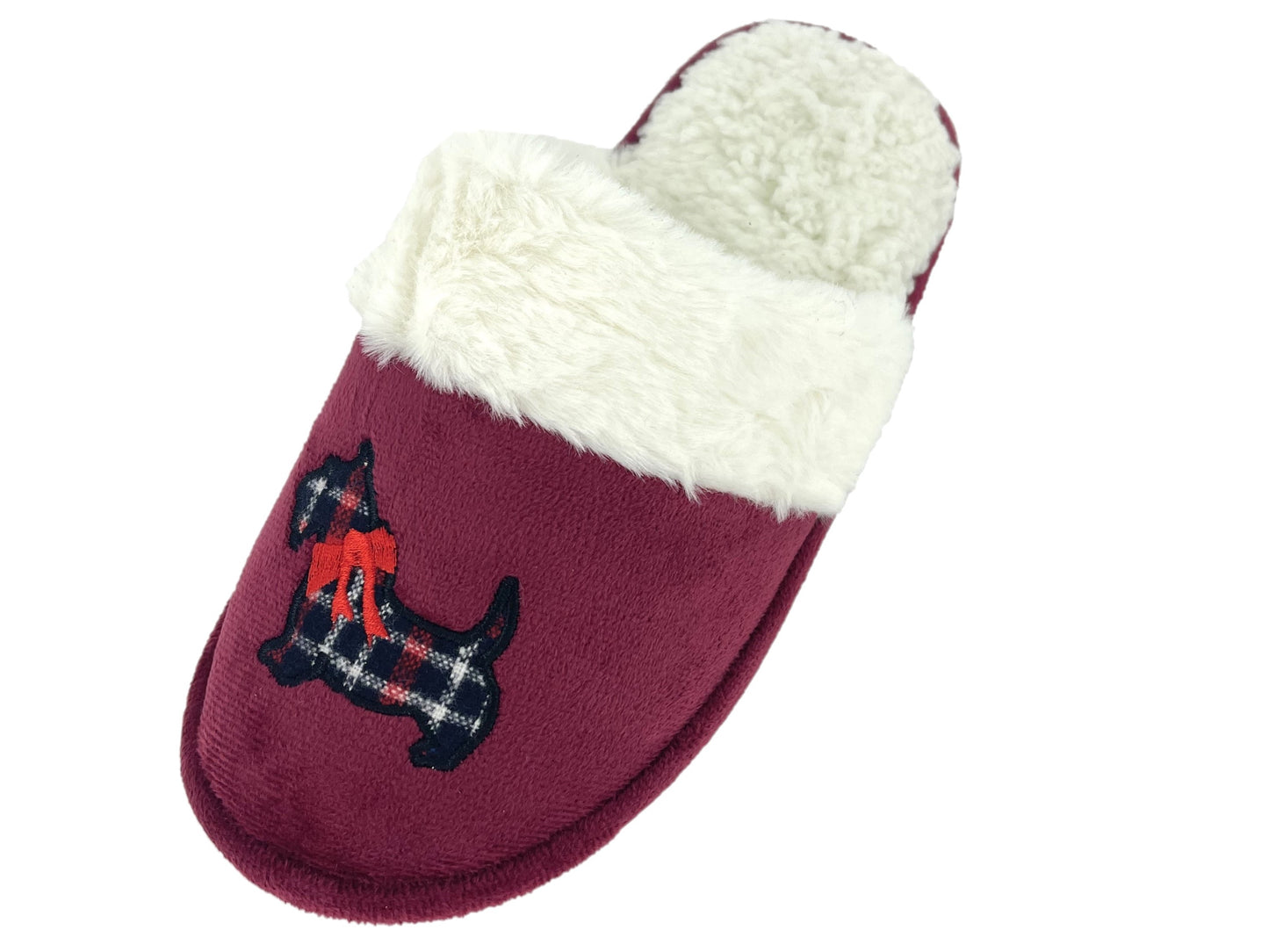 Ladies Pet Design Plush Mule Slip On Slippers with Faux Fur Lining - Dog or Cat