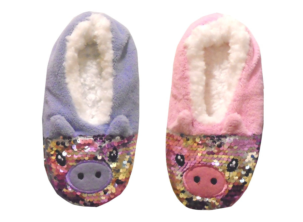 Ladies 2-Pack Pig Design Slipper Socks with Reversible Sequins Cosy & Fun Footwear