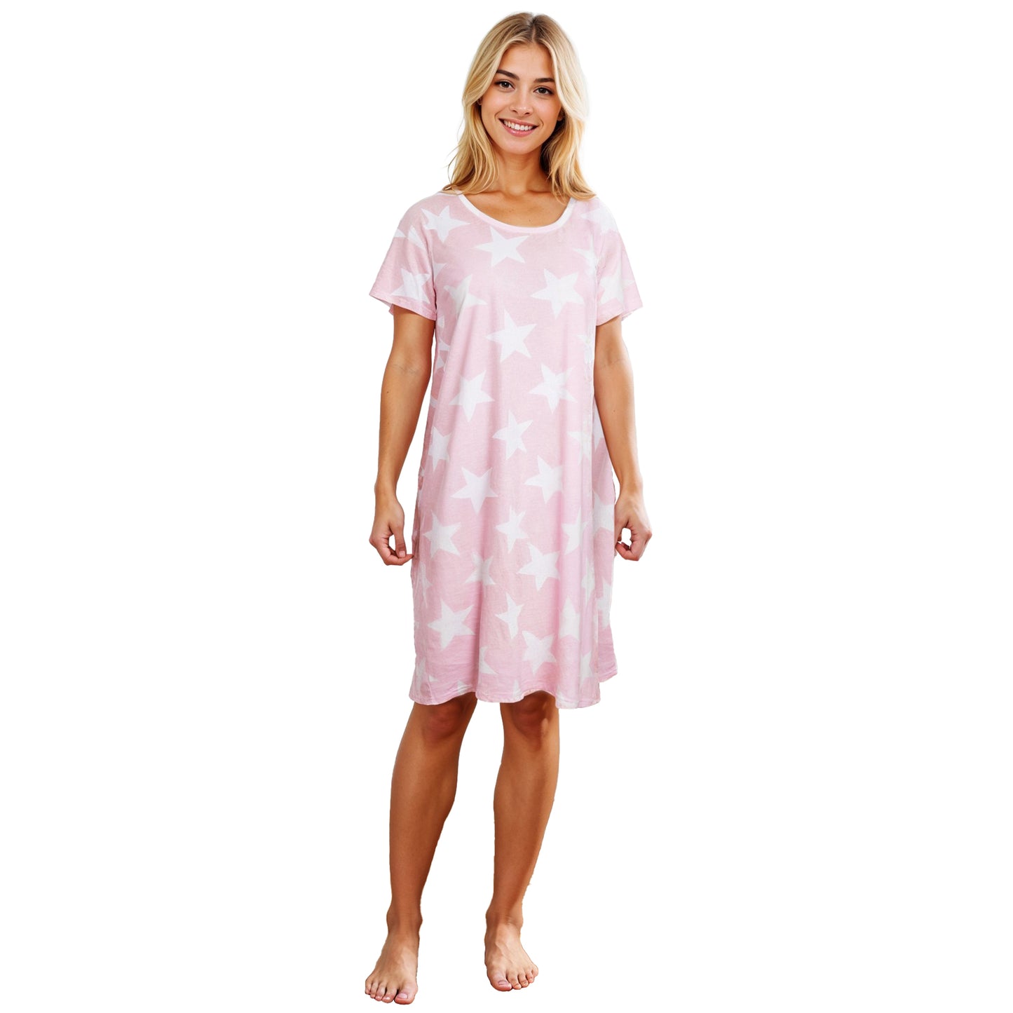 Ladies Star Print Nightie Short Sleeved 100% Cotton Jersey Summer Nightdress