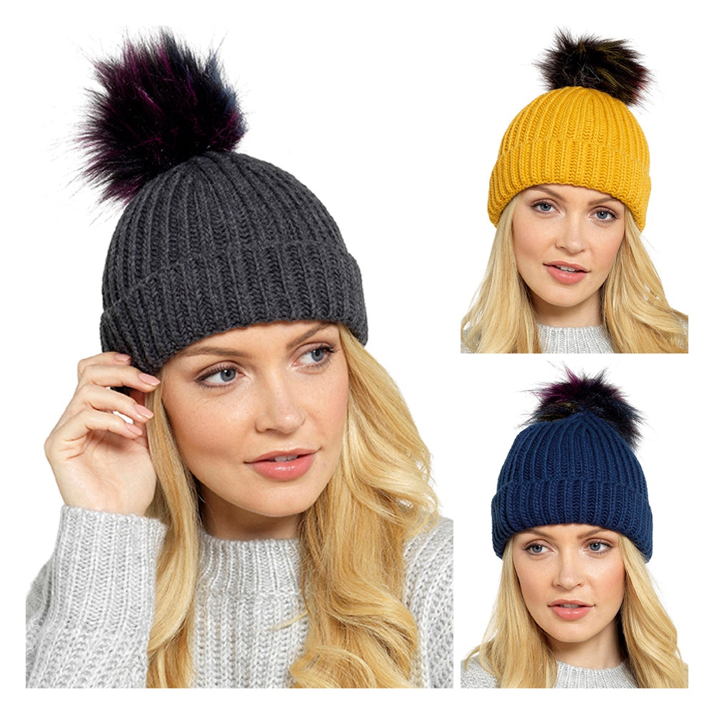 Ladies Chunky Knitted Hat with Multicolured Faux Fur Bobble