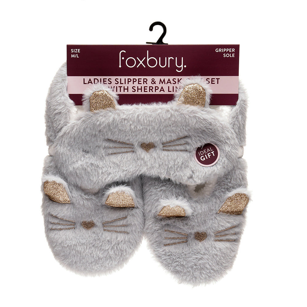 Ladies Cat Design Slippers & Matching Eye Mask Gift Set - Soft Faux Fur with Glittery Accents Present for Cat Lovers