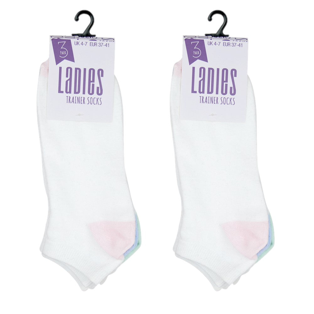 6 Pairs Ladies Trainer Liner Socks Black or White with Multicolour Toes & Heels