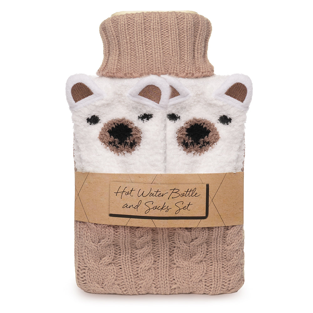 1L Hot Water Bottle with Knitted Cable Cover & Polar Bear Fleece Socks Gift Set – Screw-Top Bottle – Cosy Winter Warmer – Ideal Comfort & Relaxation Gift for Adults & Kids