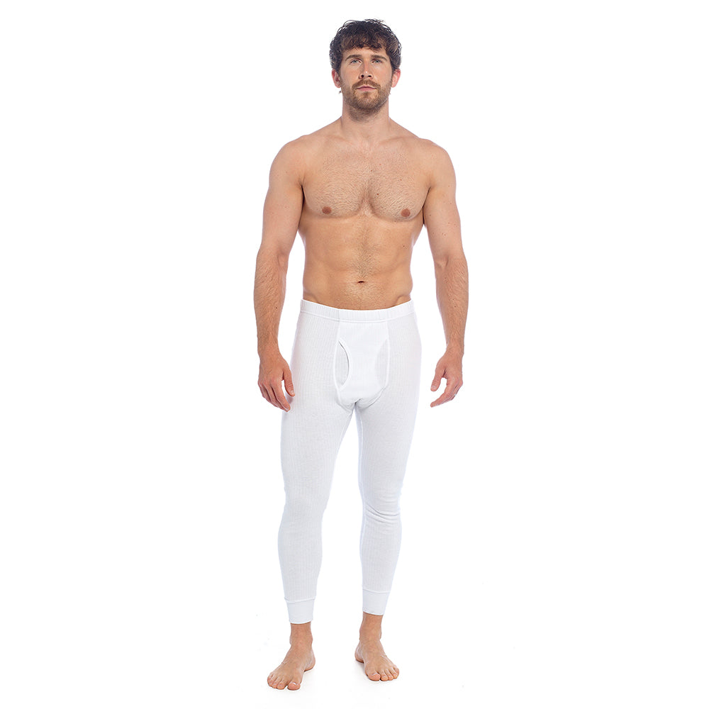 Mens Thermal Long Johns Underwear Base Layer Ribbed Brushed Cotton Blend White