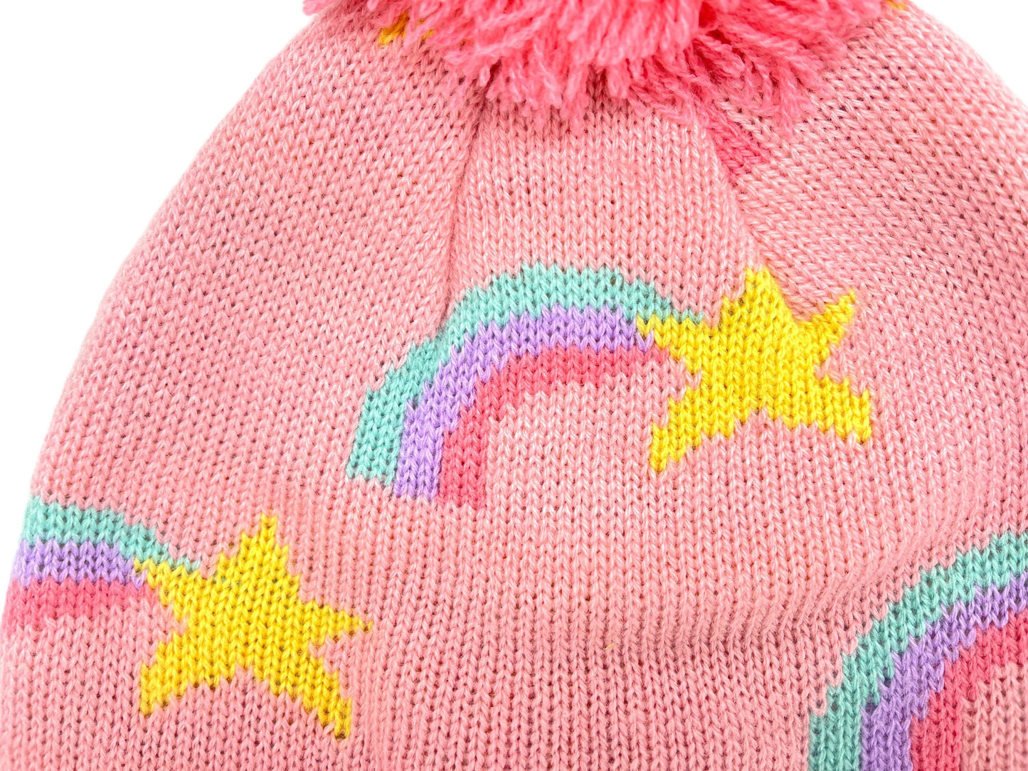 Girls' Knitted Bobble Hat Pink Winter Beanie with Rainbow Design Pink Pom-Pom