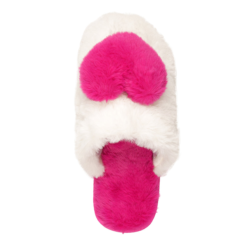 Women’s Faux Fur Heart Mule Slippers Fleece Lined Non Slip Sole Cosy Gift