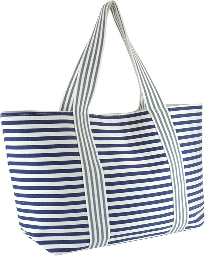 Large Blue and White Striped Canvas Summer Beach Tote Bag