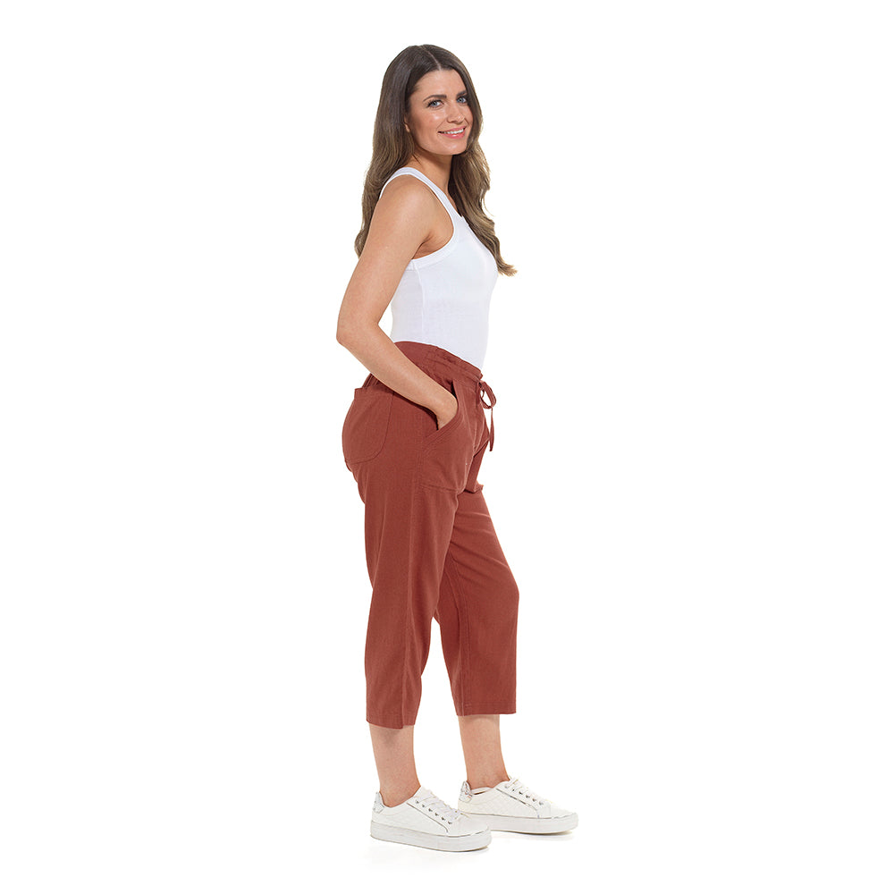 Ladies Linen Blend Cropped Trousers 3/4 Length Casual Summer Pants with Ribbed Waistband and Pockets