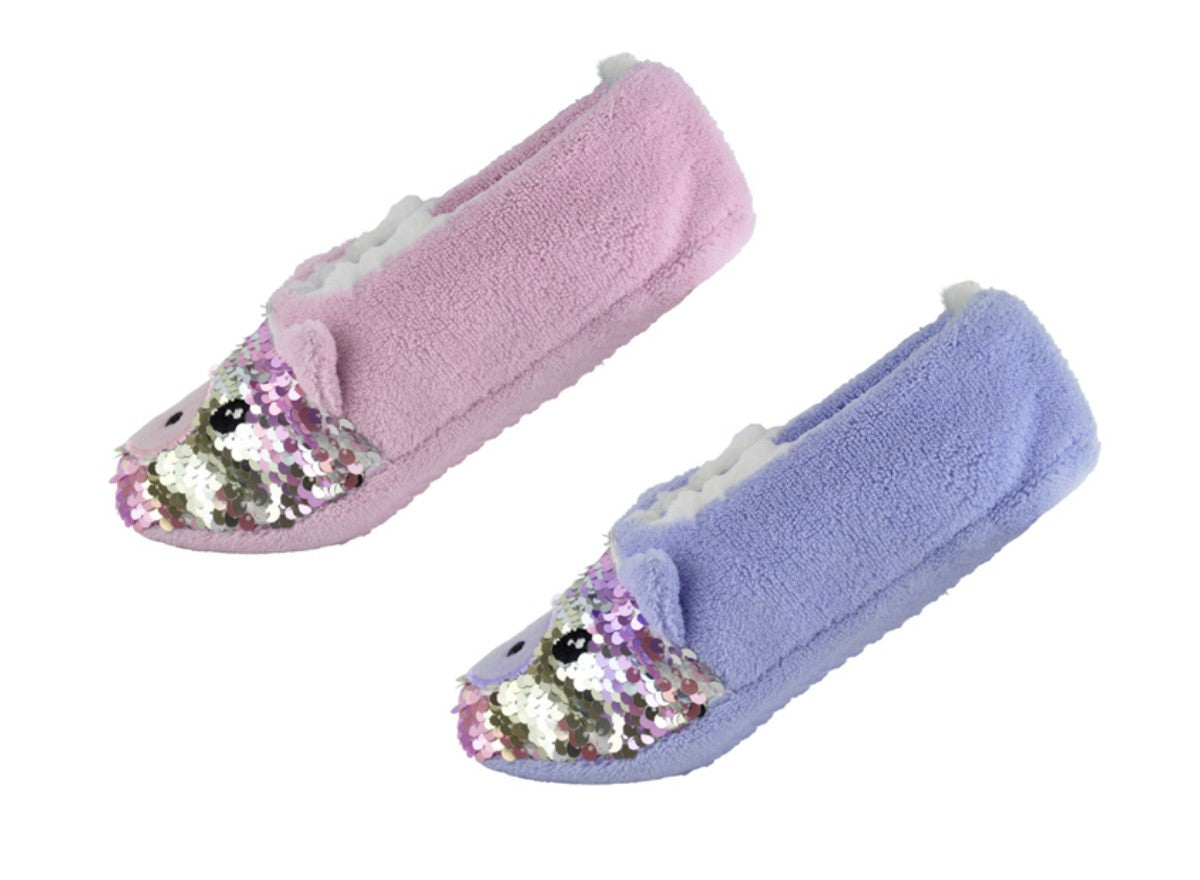 Ladies 2-Pack Pig Design Slipper Socks with Reversible Sequins Cosy & Fun Footwear