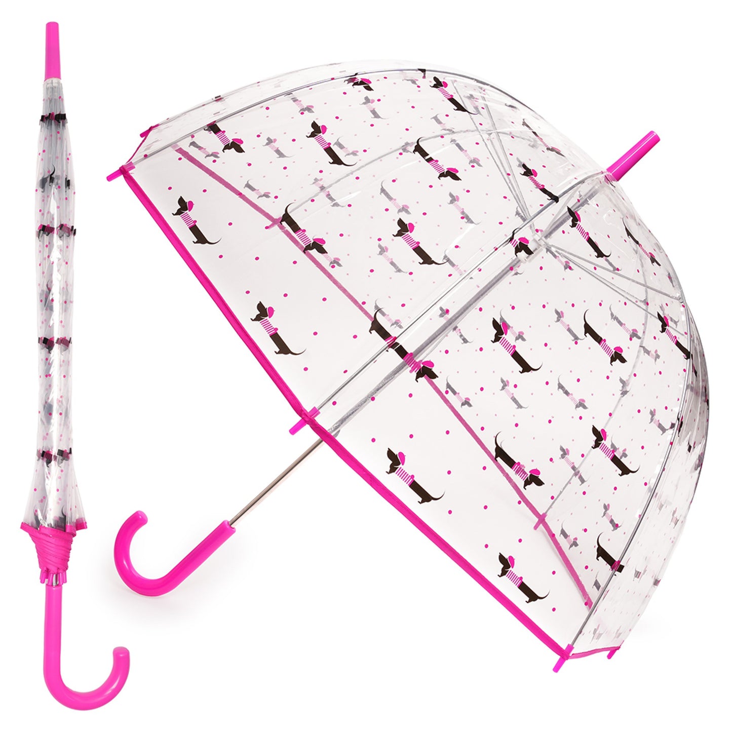 Ladies Transparent Dome Stick Umbrella - Pink/Black Sausage Dog or Red Leaves