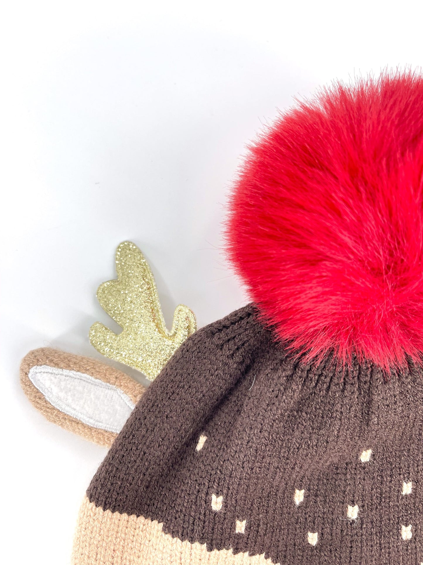 Childrens Christmas Bobble Hat Rudolph the Red Nosed Reindeer with Sparky Antlers and Faux Fur Pom-Pom