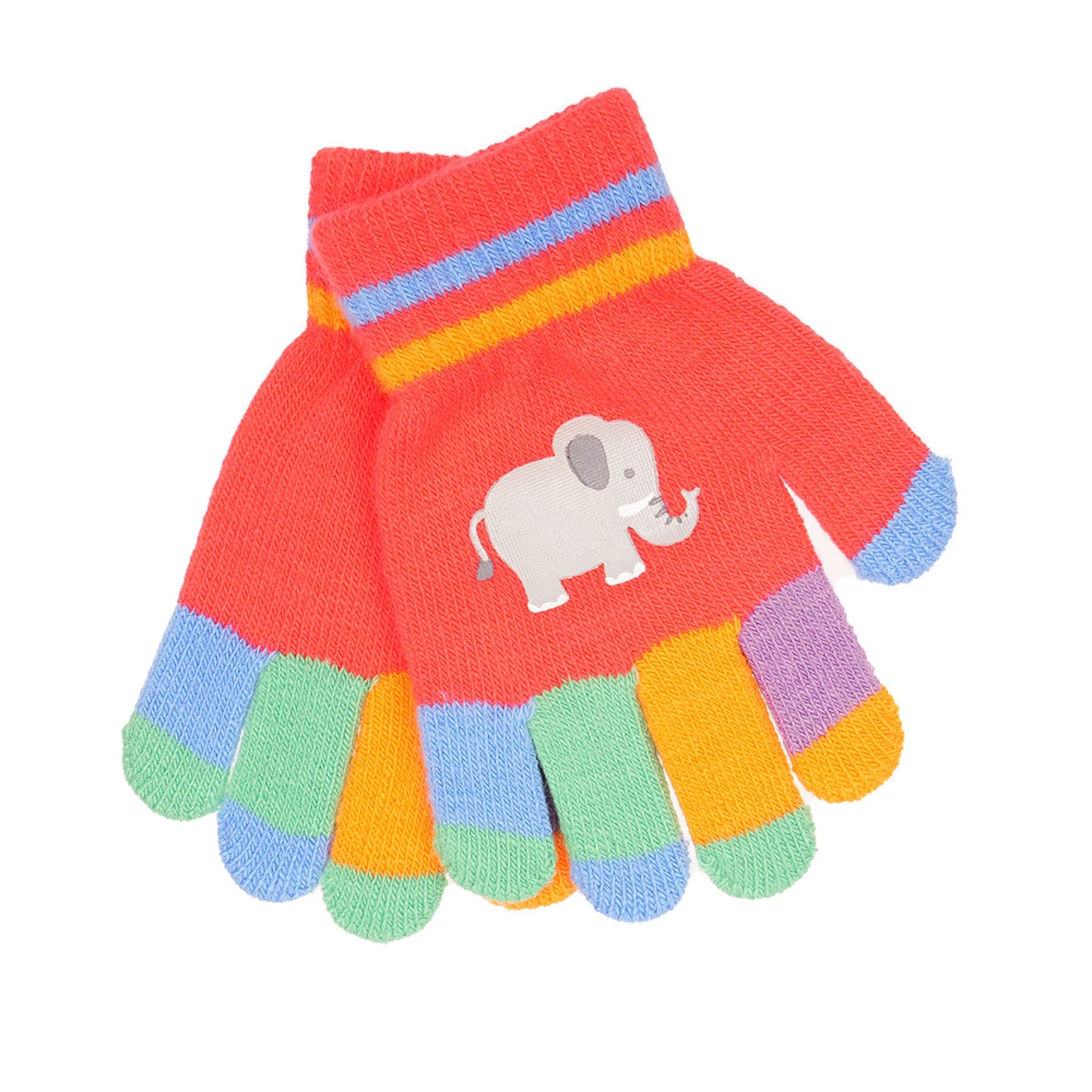 3 Pairs Children's Colourful Striped Thermal Magic Stretch Gloves with Animal Motifs - Elephant, Giraffe, Zebra