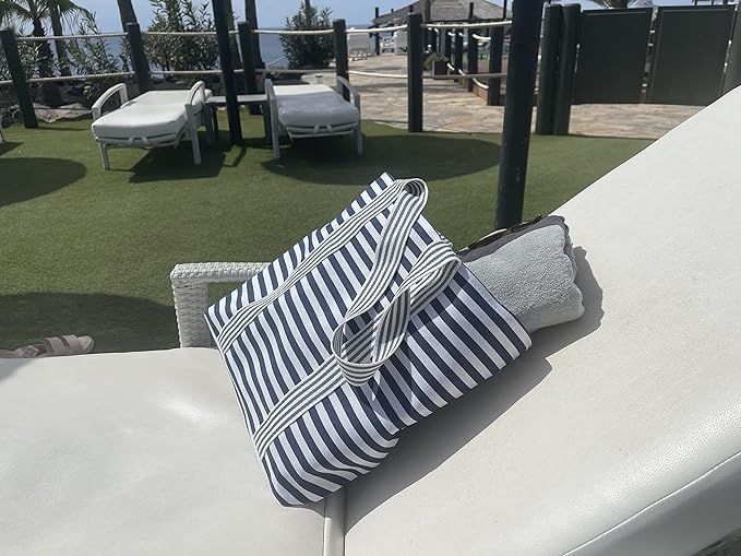 Large Blue and White Striped Canvas Summer Beach Tote Bag