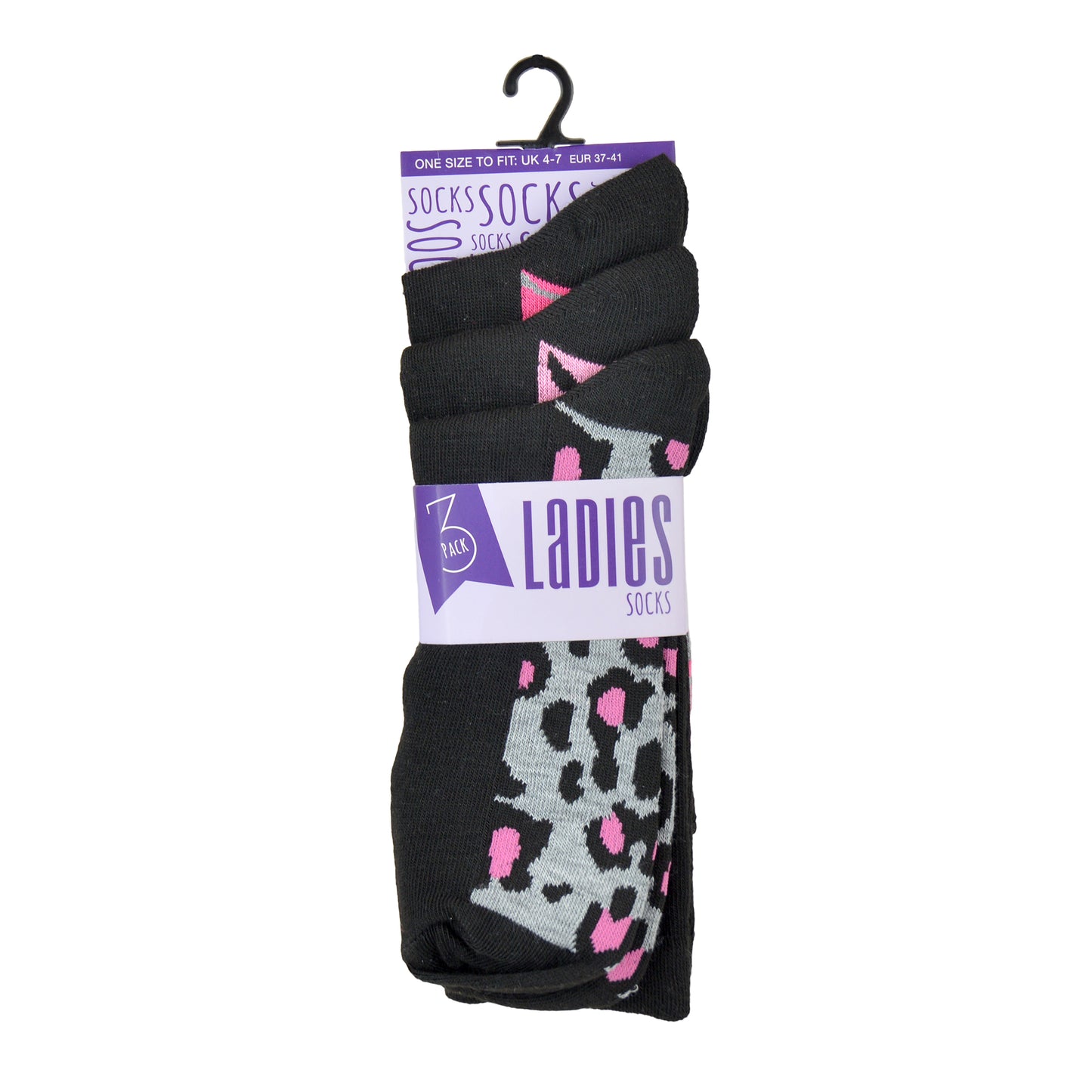 6 Pairs Ladies Black Ankle Socks with Animal Print Soles