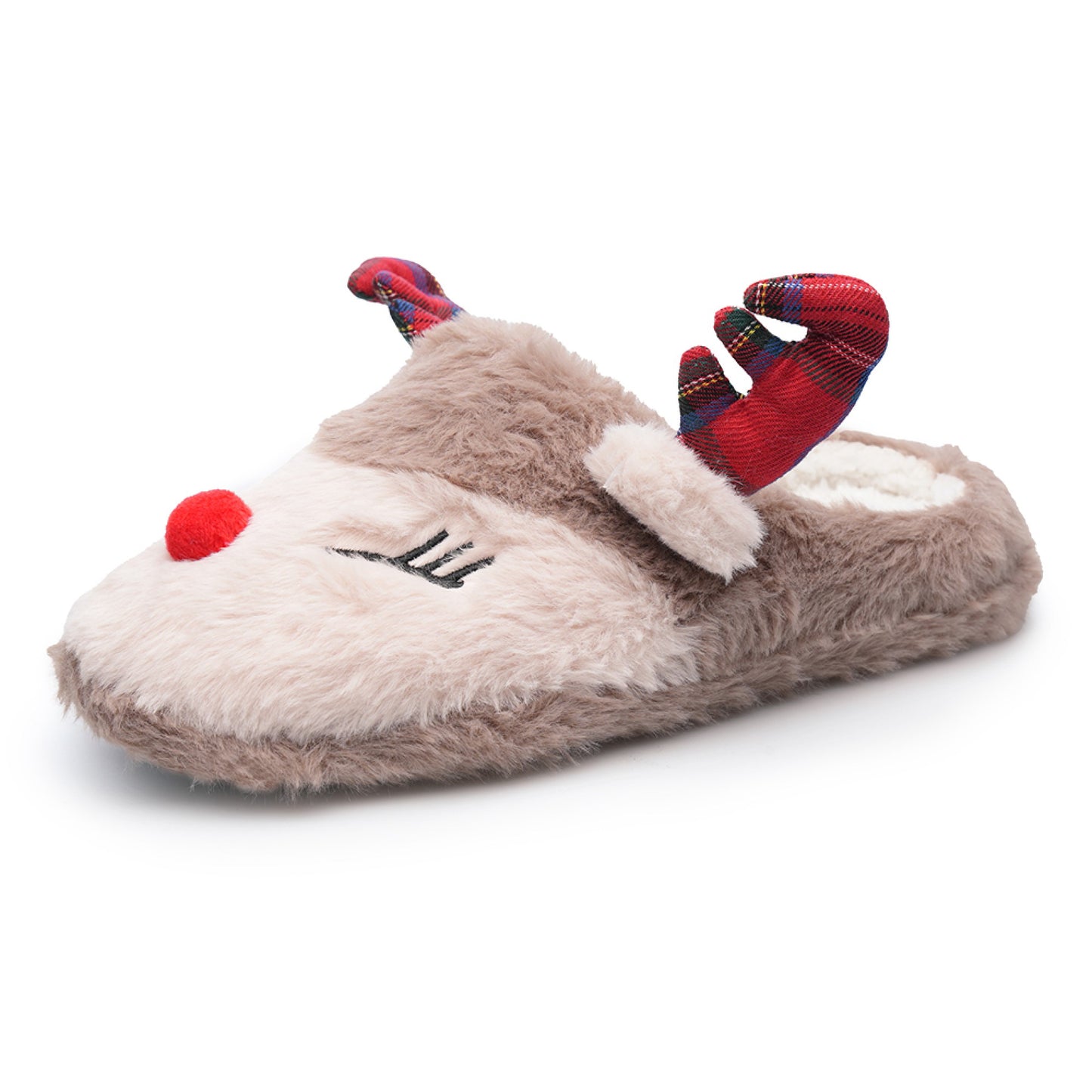 Ladies Christmas Reindeer Slippers Faux Fur Mule Style Slip-On House Shoes