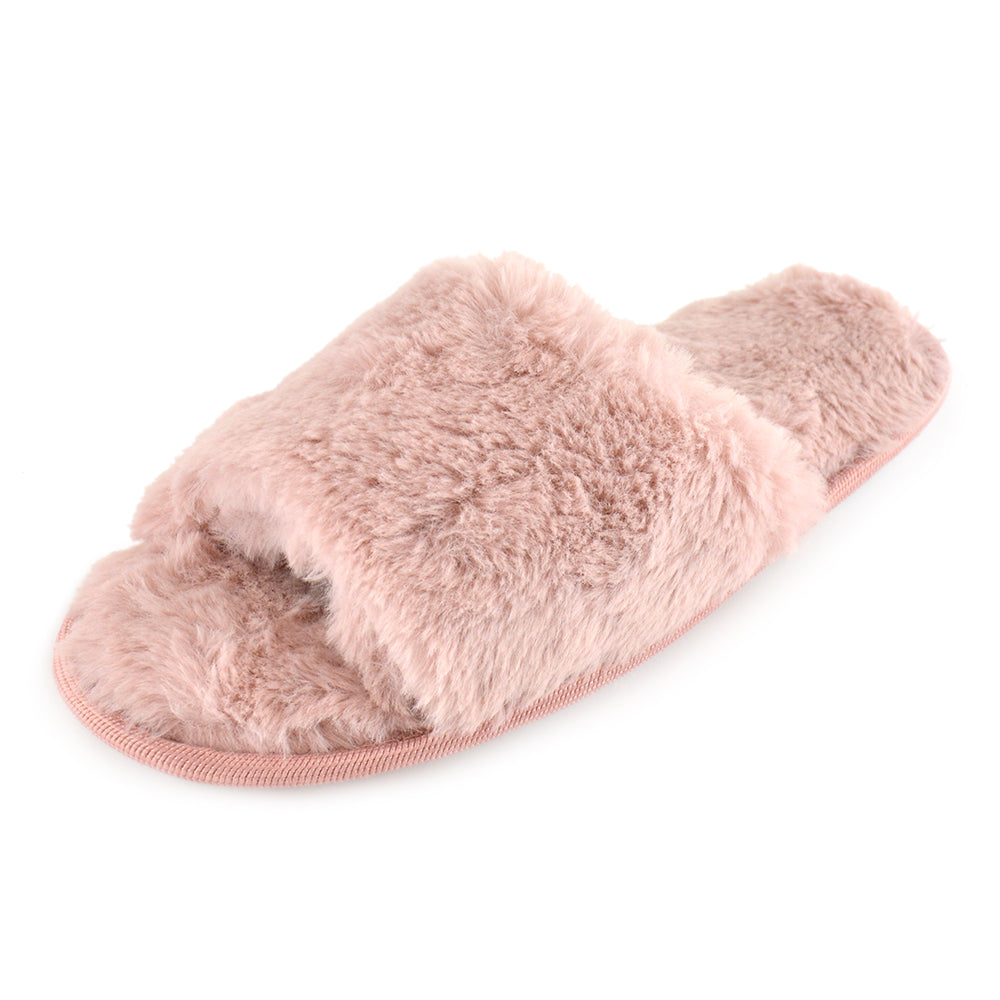 Ladies Faux Fur Mule Slippers – Soft & Fluffy Slip-On House Shoes – Padded Footbed & Cushioned Toe Strap – Non-Slip Sole – Warm & Cosy Indoor Slippers – Black or Pink – UK Sizes 3-4, 5-6, 7-8
