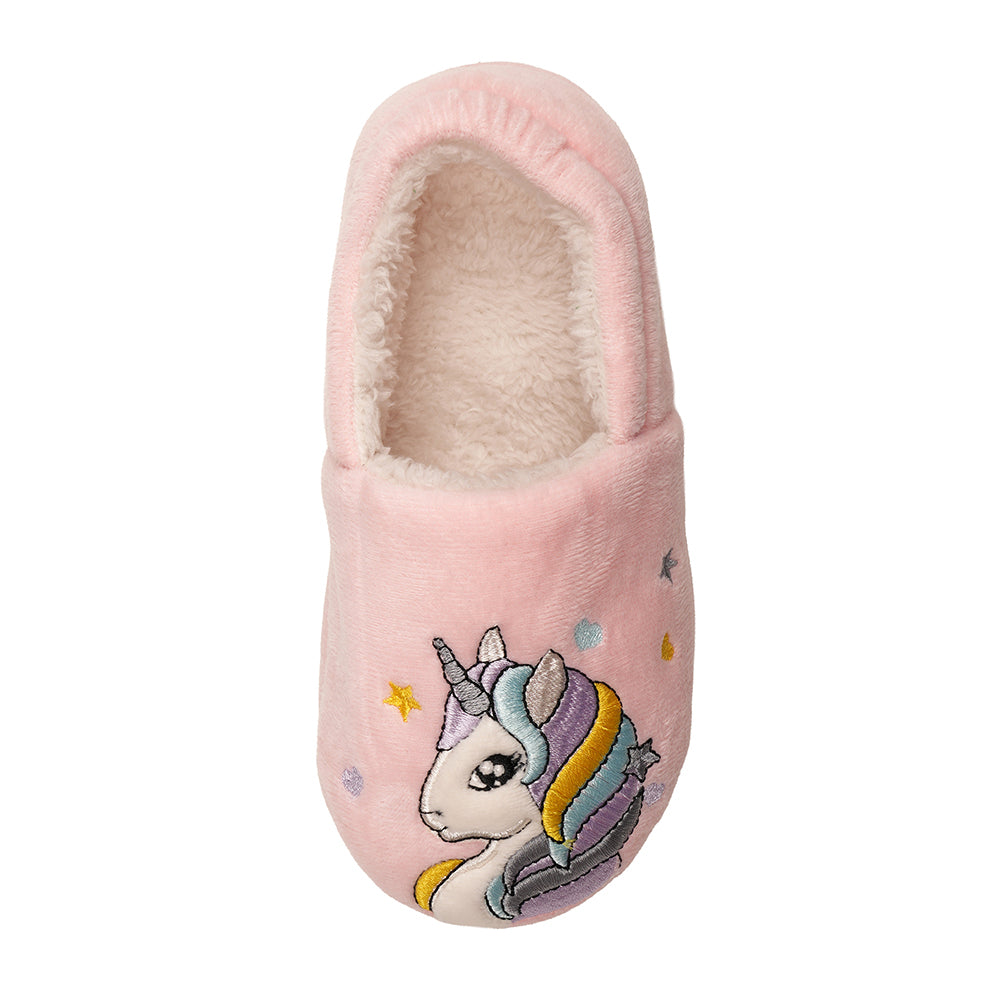 Girls Unicorn Slippers Plush Faux Fur Lined Cosy Non Slip Gift Kids Pink