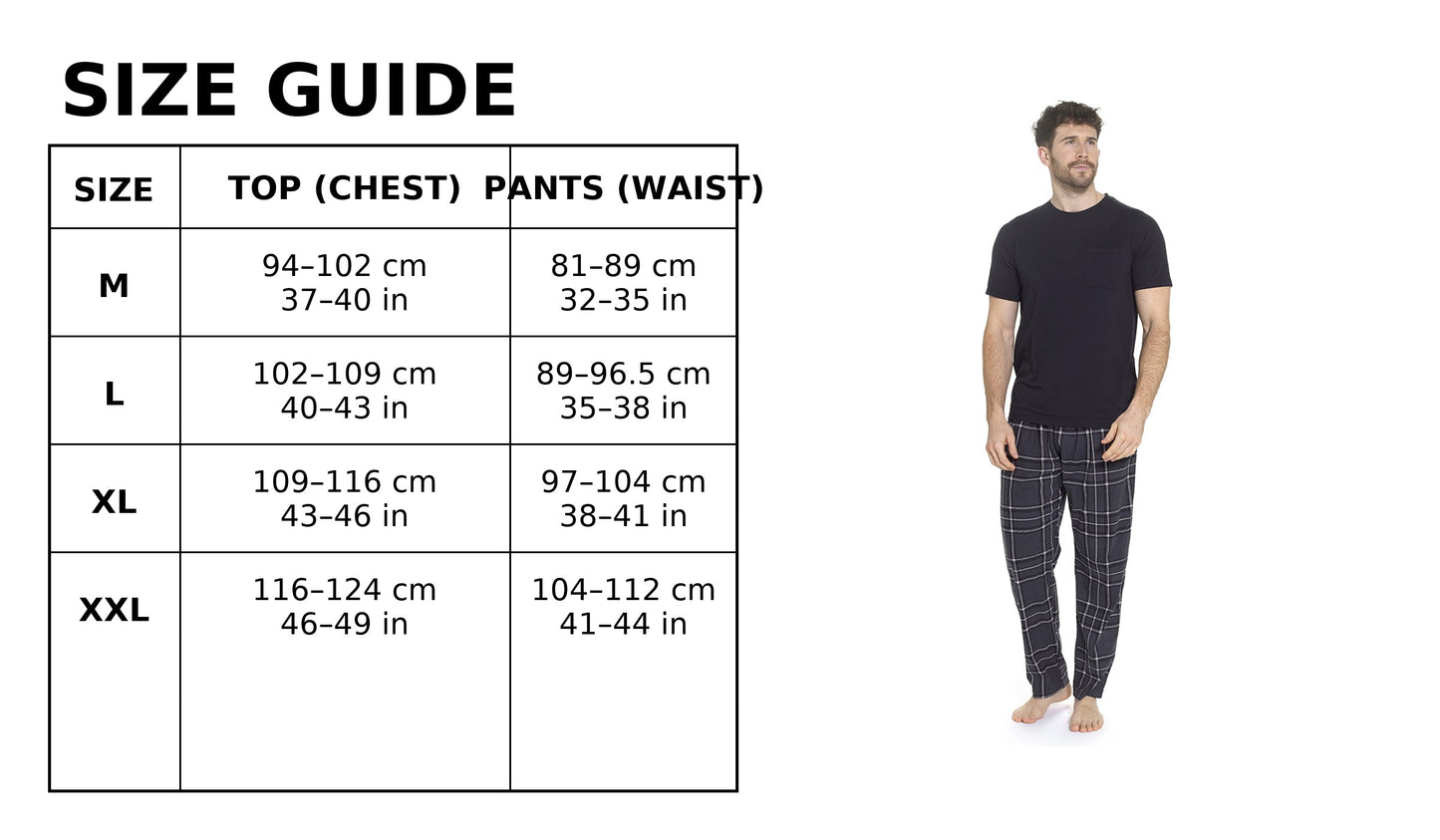 Mens Pyjama Set Jersey Top Fleece Check Pants Drawstring Waist M–XXL