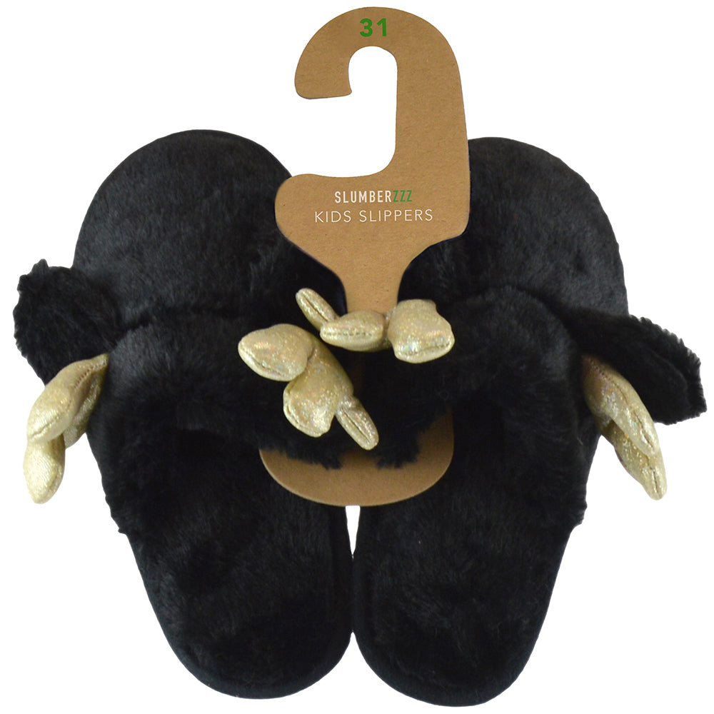 Girls Reindeer Christmas Slippers Black Faux Fur Antlers Ears Non Slip Sizes 9-3