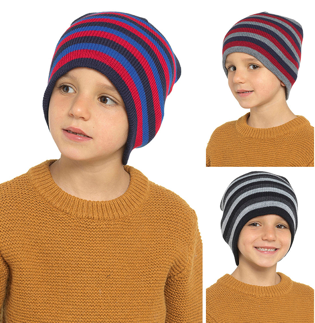 3 Pack Boys' Stripey Beanie Winter Hats