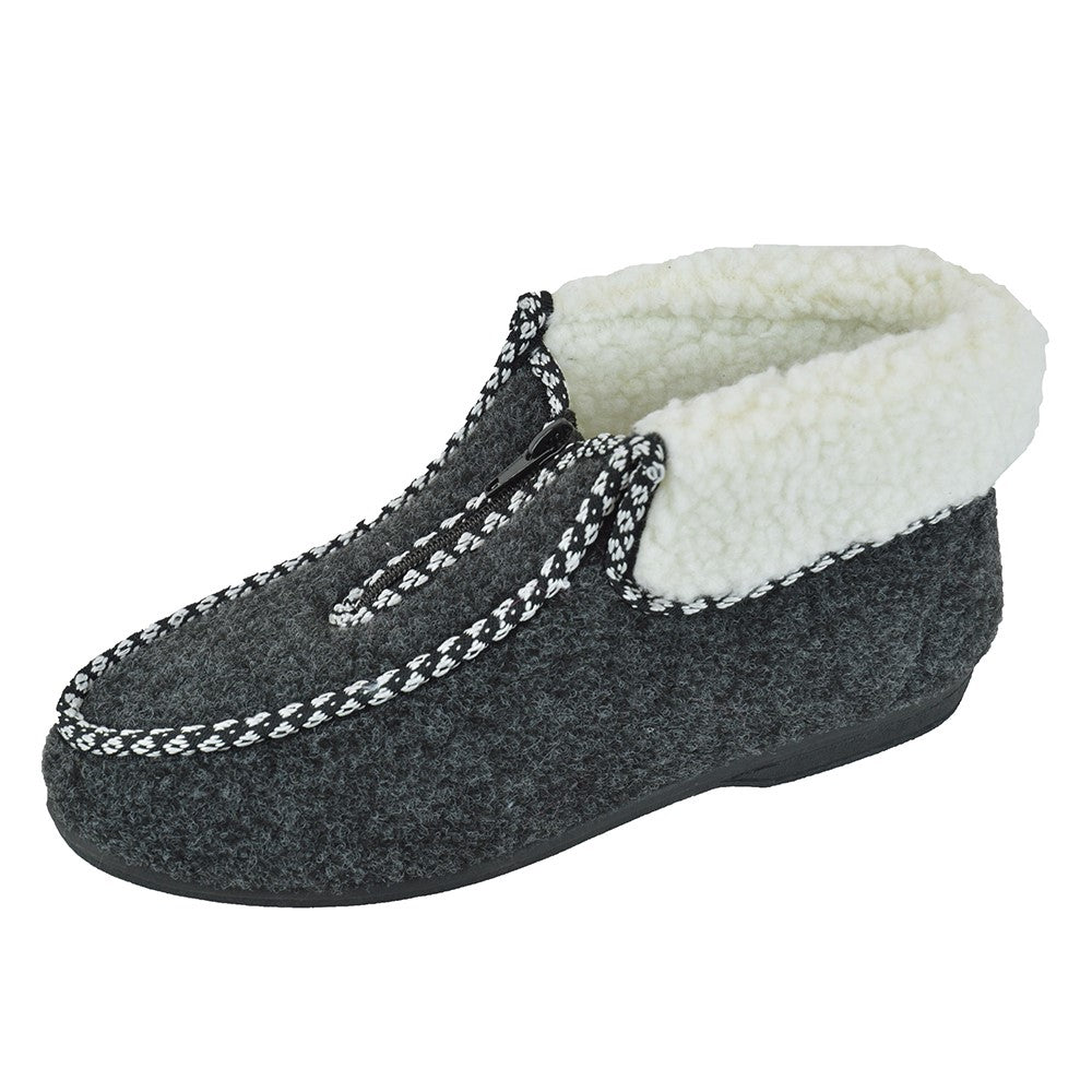 Ladies Grey Zip Up Fleece Lined Bootie Slippers