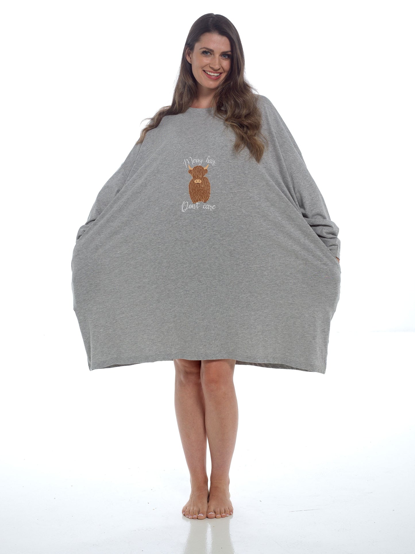 Ladies Oversized Nightie Highland Cow Messy Hair Don’t Care Grey Long Sleeve
