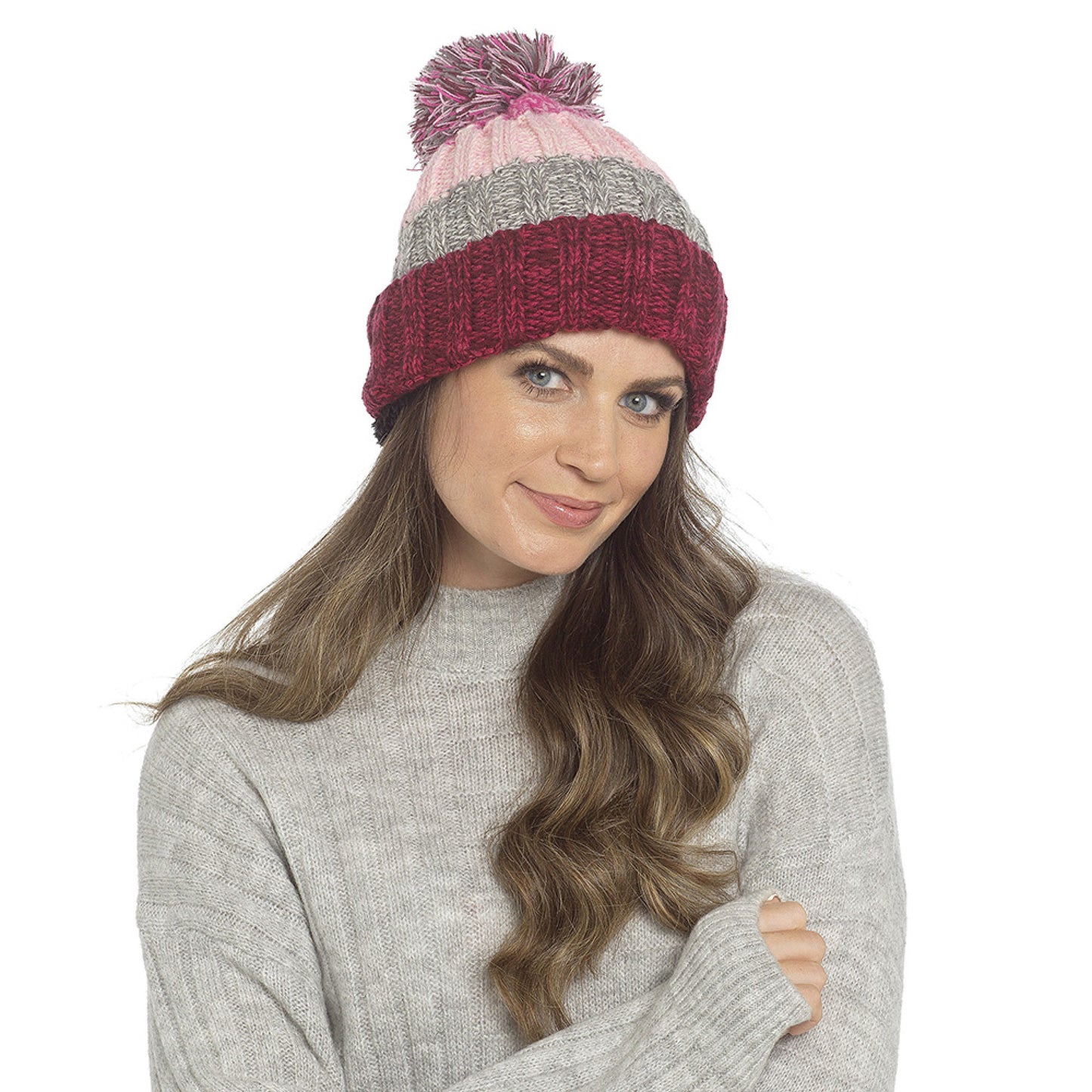 Ladies Fleece Lined Beanie Pom Pom Warm Knitted Winter Sherpa Cosy Hat