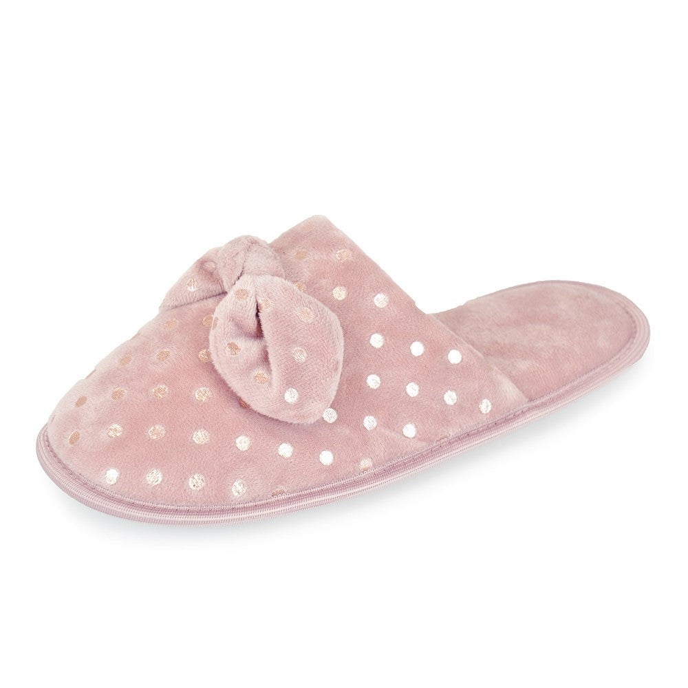 Ladies Foil Spot Pink Velour Mule Slippers with Bow