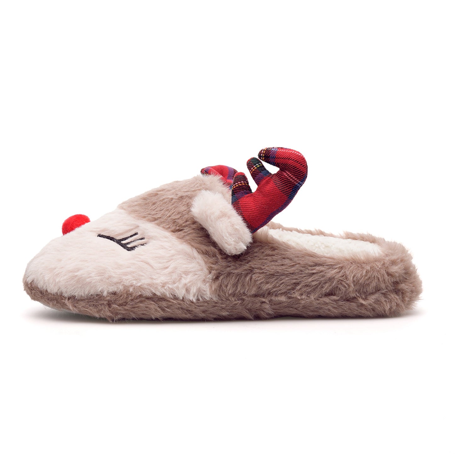 Ladies Christmas Reindeer Slippers Faux Fur Mule Style Slip-On House Shoes