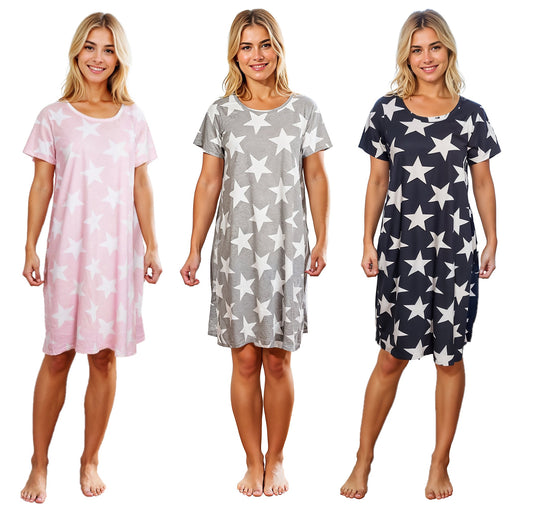 Ladies Star Print Nightie Short Sleeved 100% Cotton Jersey Summer Nightdress