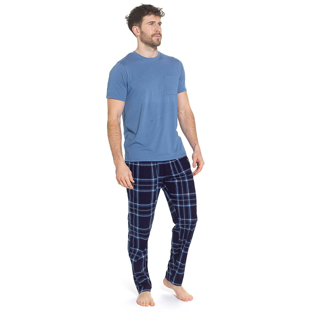Mens Pyjama Set Jersey Top Fleece Check Pants Drawstring Waist M–XXL