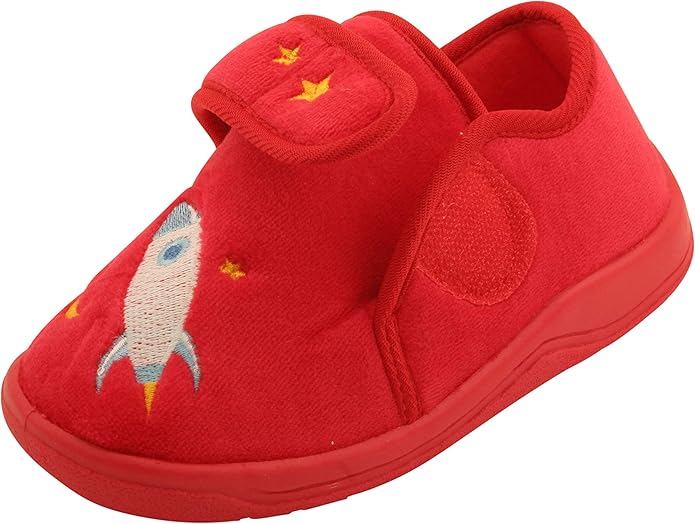 Boys Red Rocket Bootie Slippers – Velour, Touch & Close Strap, Non-Slip Sole, UK 4 7