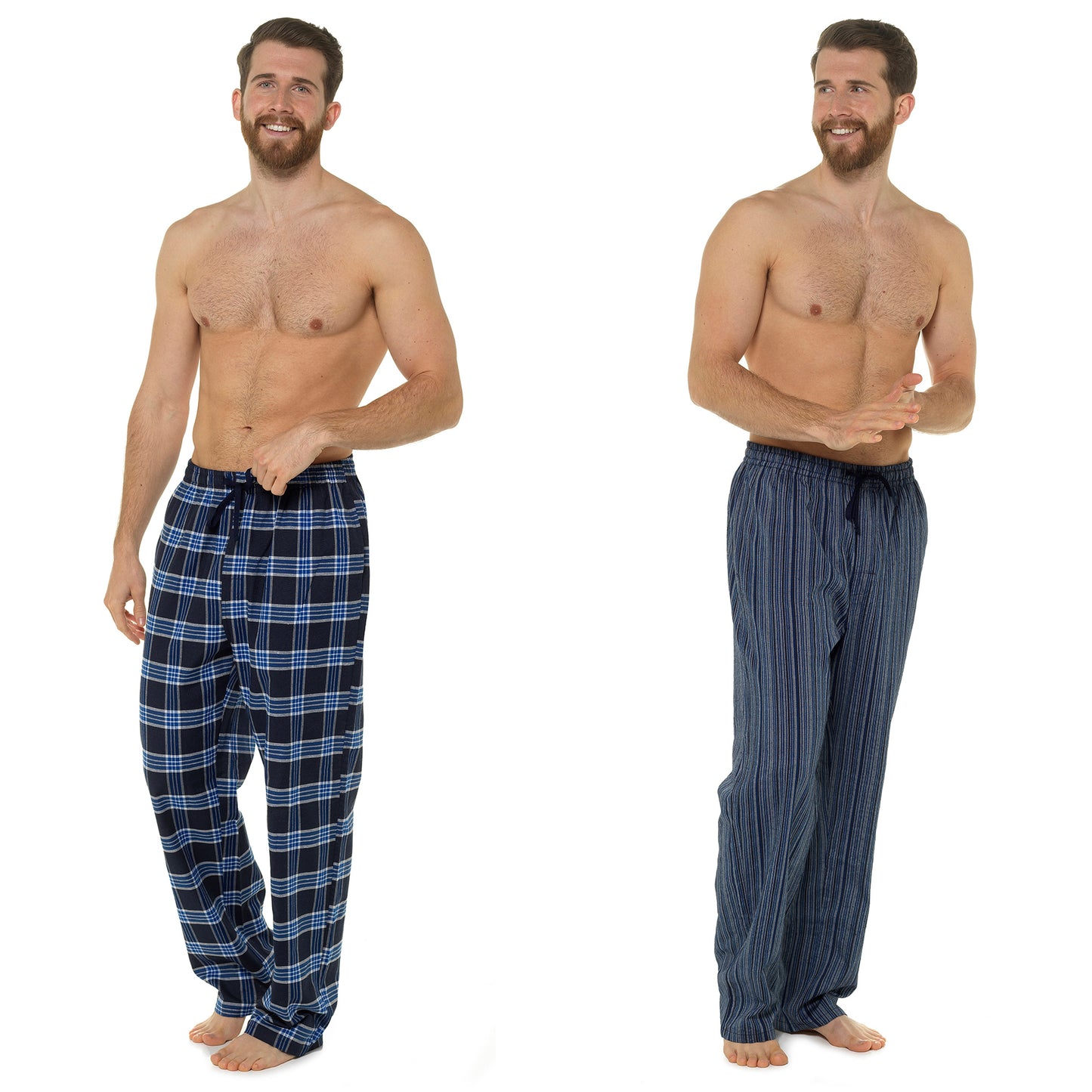 2 Pack Cotton Blend Pyjama Bottoms Lounge Pants - Check and Stripe Pattern