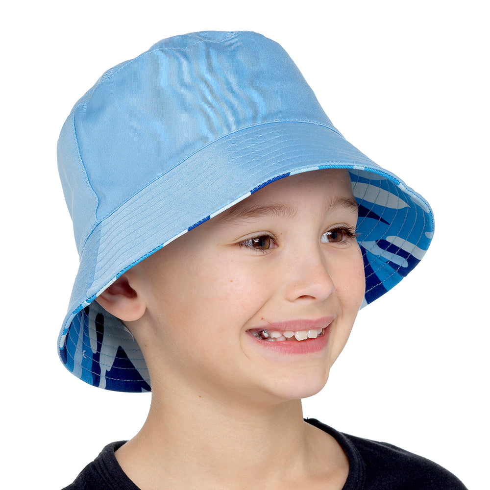 Boys Reversible Blue/Camo Print Bucket Hat Summer Sun Hat