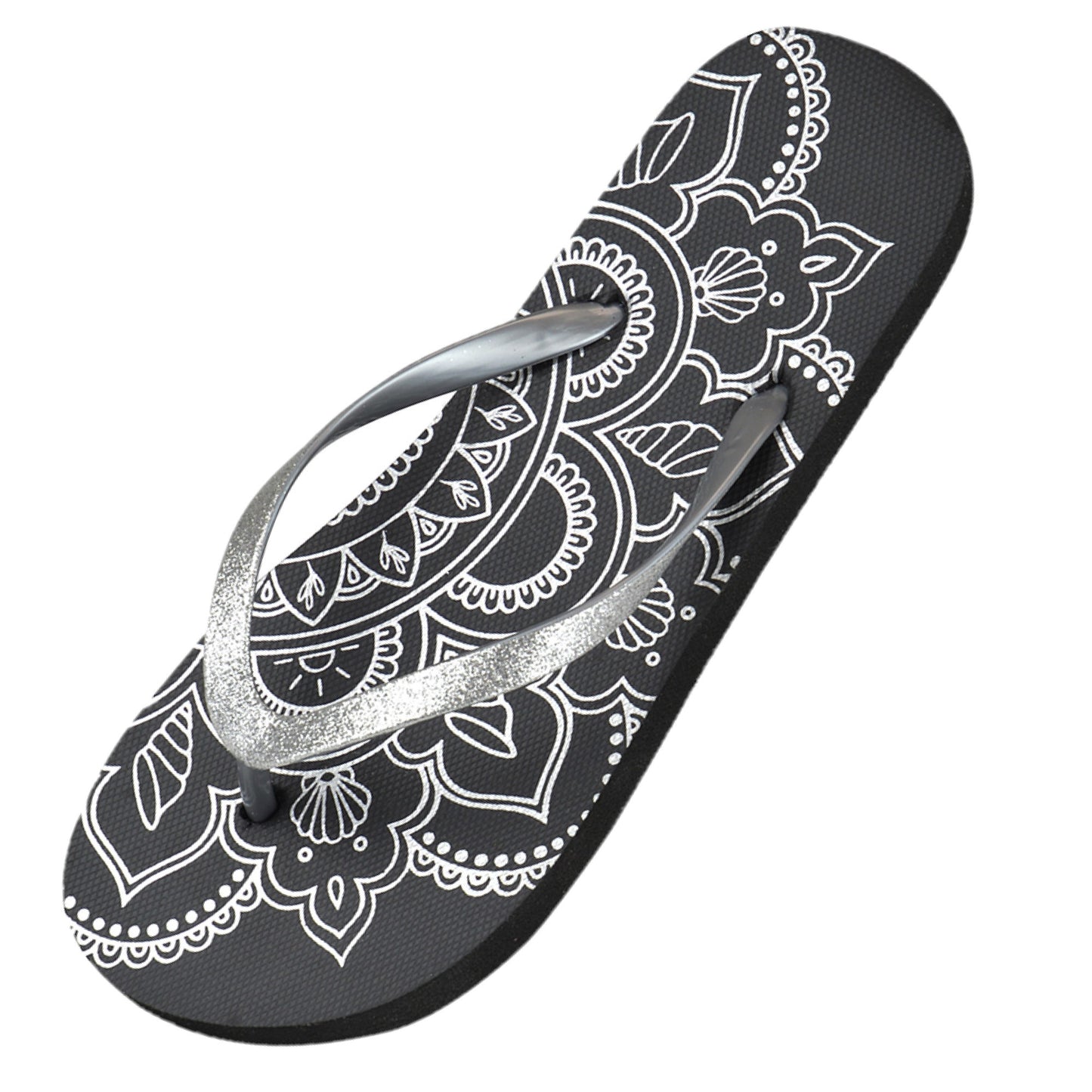 Ladies Flip Flops Glittery Strap Metallic Mandala Print Summer Beach Sandals