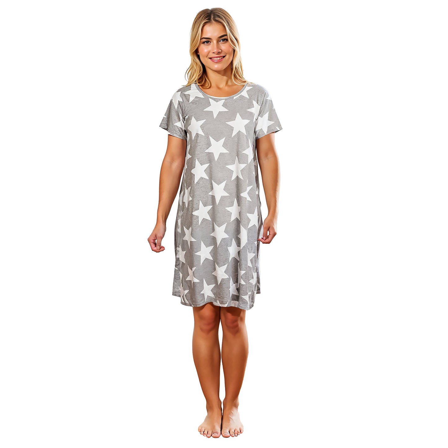 Ladies Star Print Nightie Short Sleeved 100% Cotton Jersey Summer Nightdress