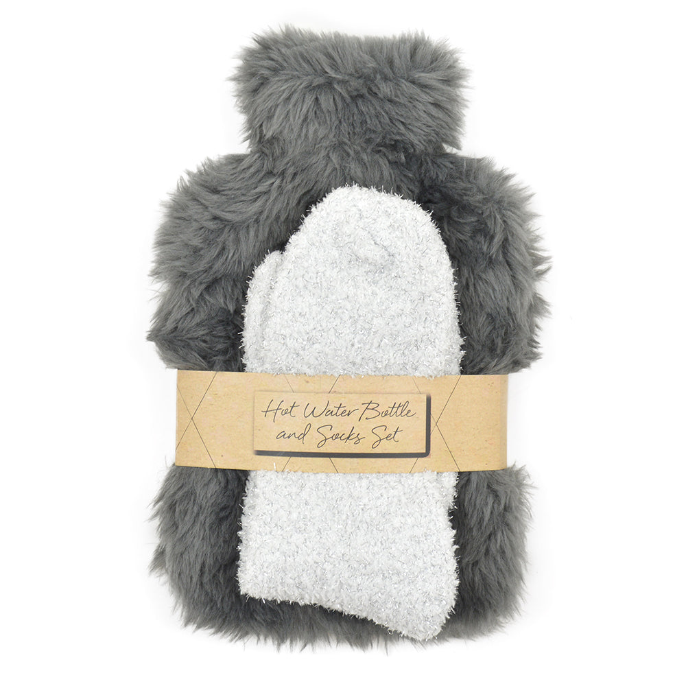 Faux fur Hot Water Bottle And Sock Gift Set -Grey