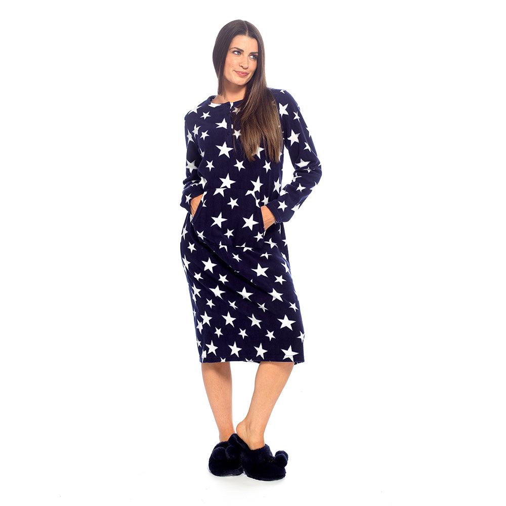 Ladies Fleece Nightie Longer Length Warm Nightdress Lounger with Kangaroo Pocket