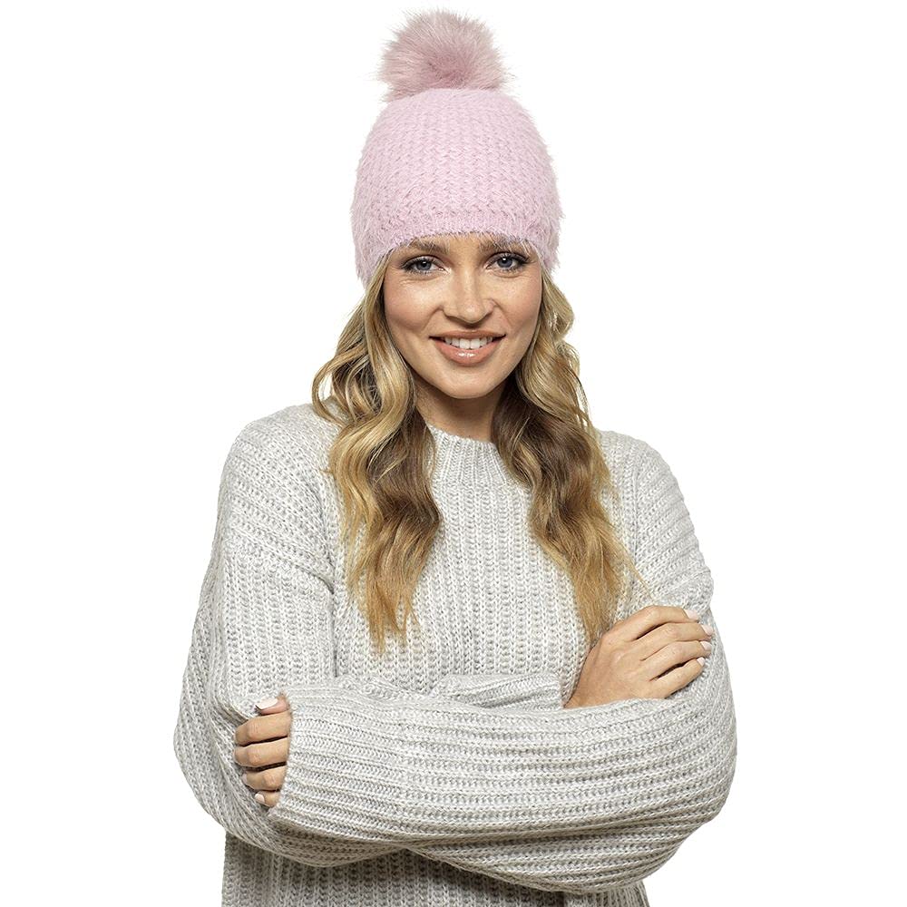 Foxbury Ladies Supersoft Knitted Hat with Faux Fur PomPom - Beige