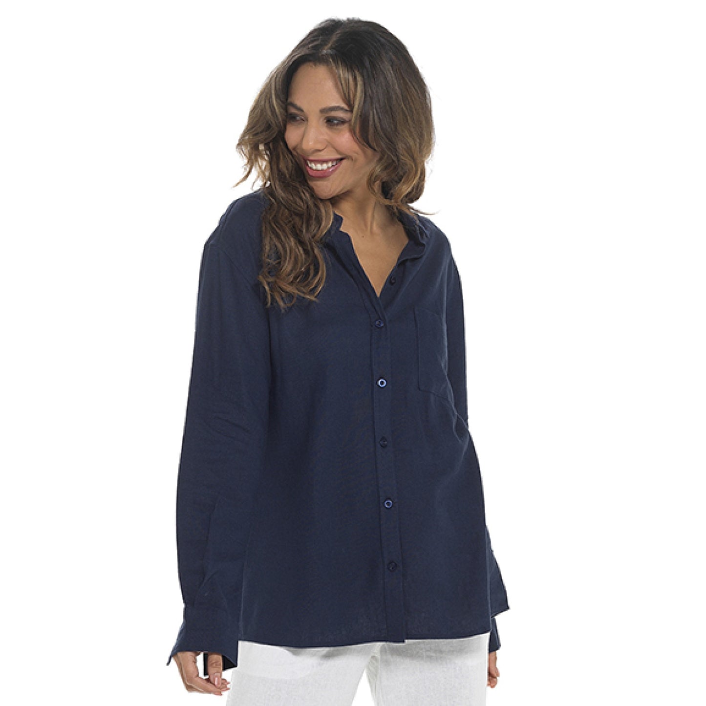 Ladies Long-Sleeved Relaxed Fit Button Up Linen Shirt