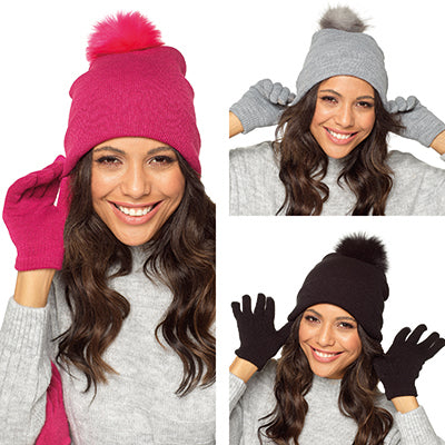 Ladies Pom Pom Hat and Touch Screen Gloves Set